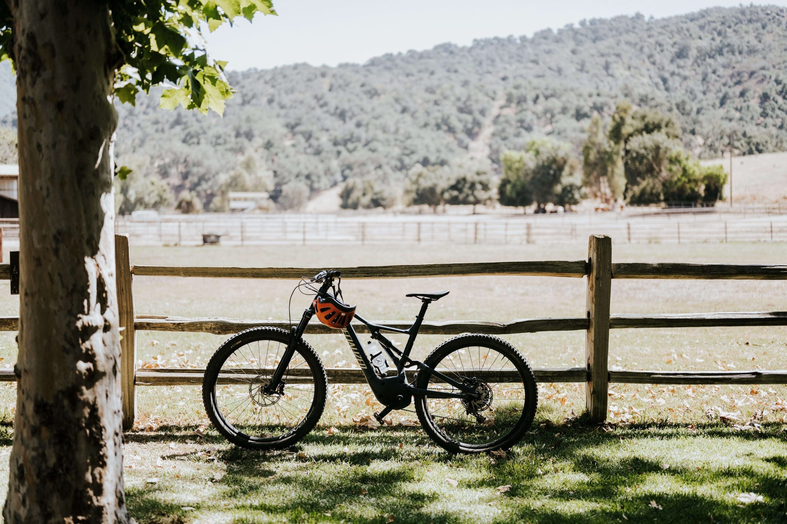 bicycle standing beside a fence