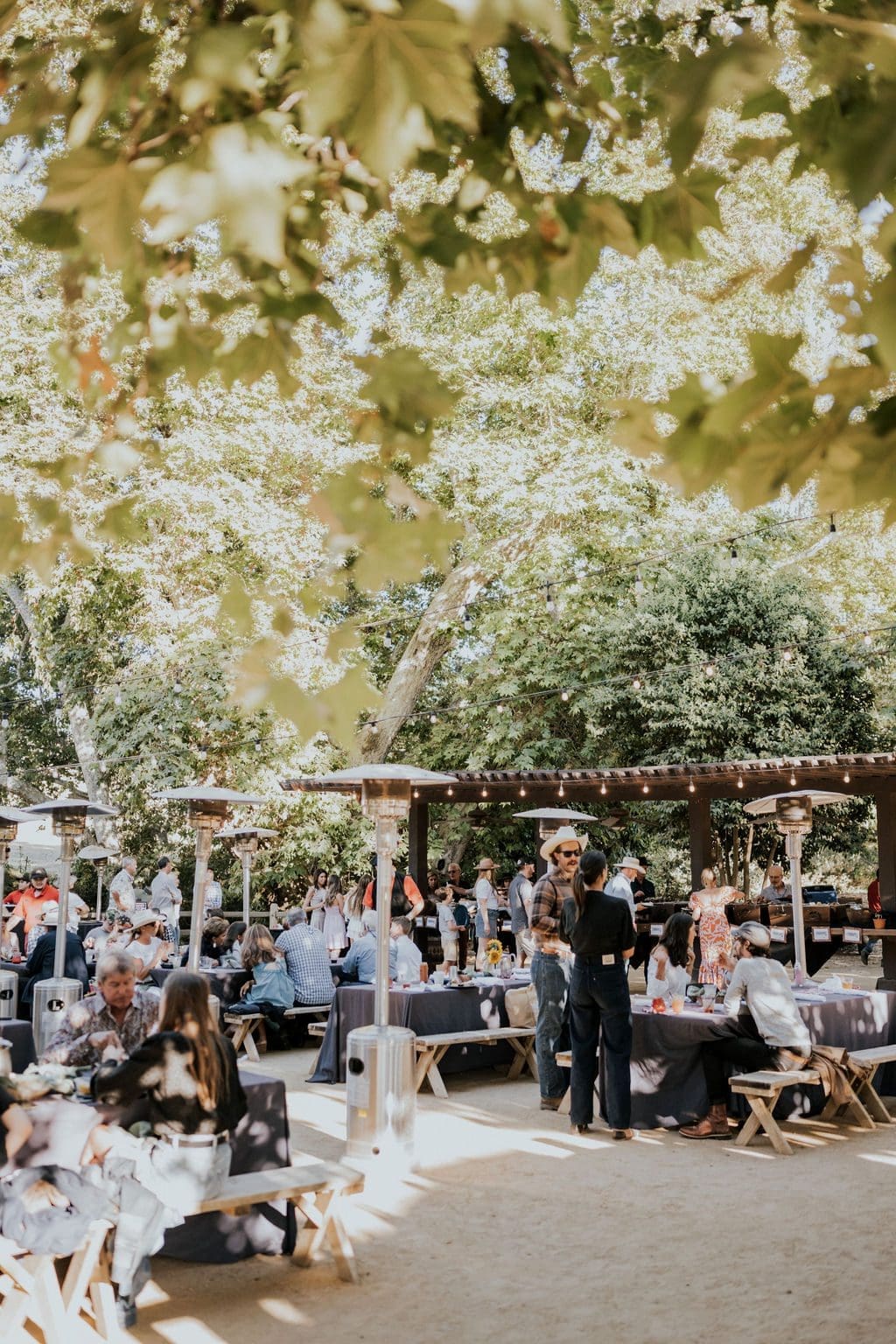 people sitting at the outdoor dining area eating