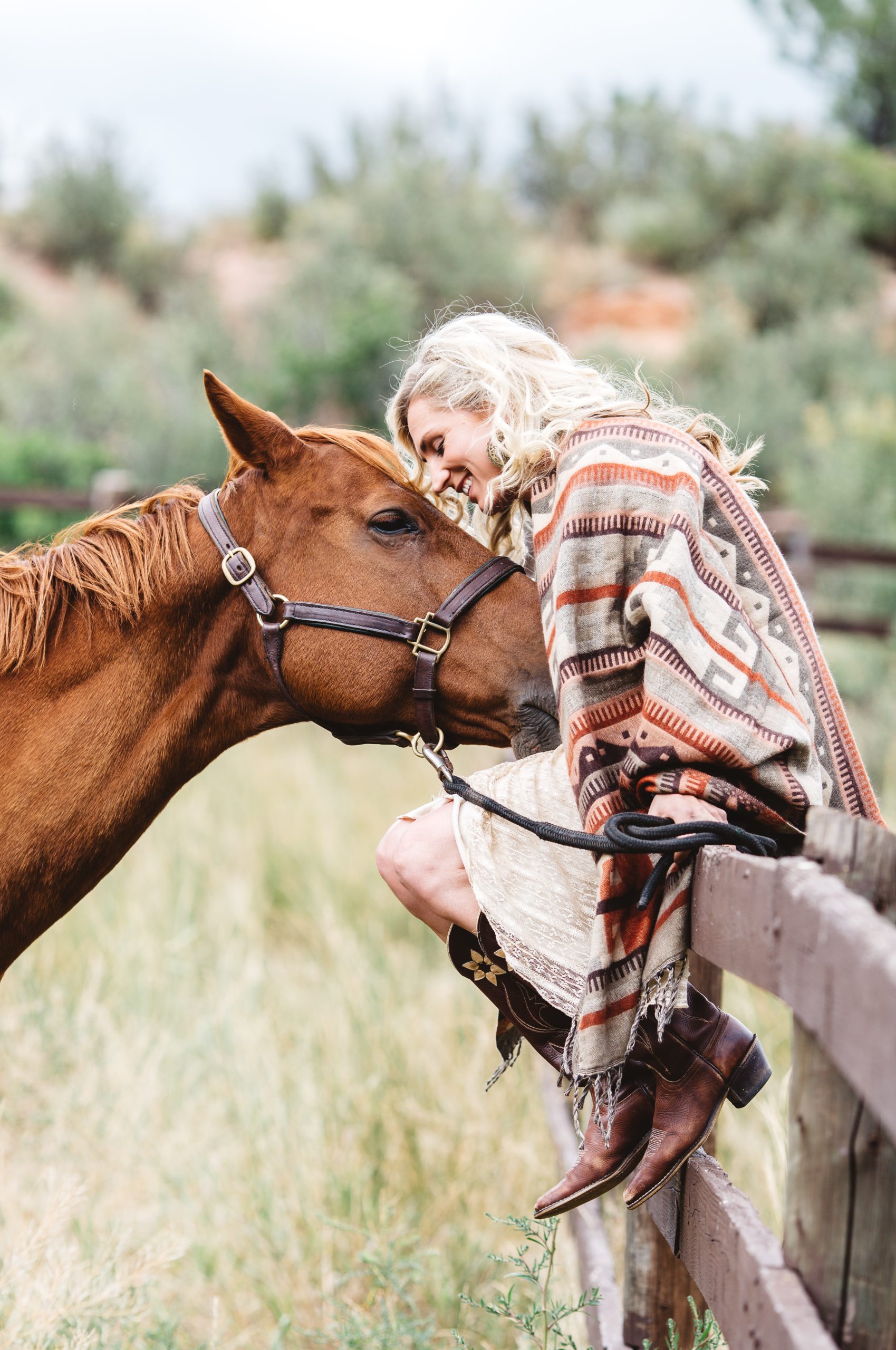 a horse towards a woman siting on a fence